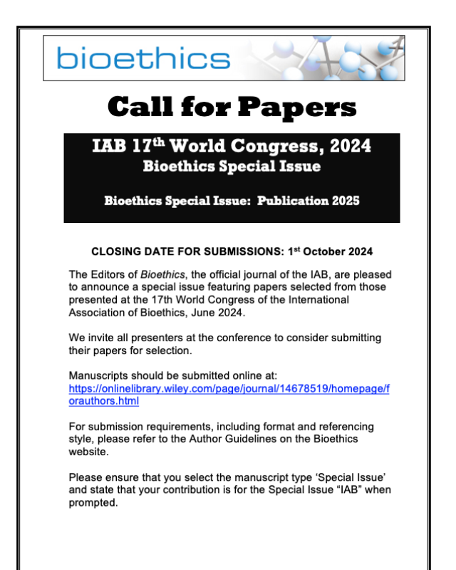 Call for Papers - IAB 17th World Congress, 2024 Bioethics Special Issue